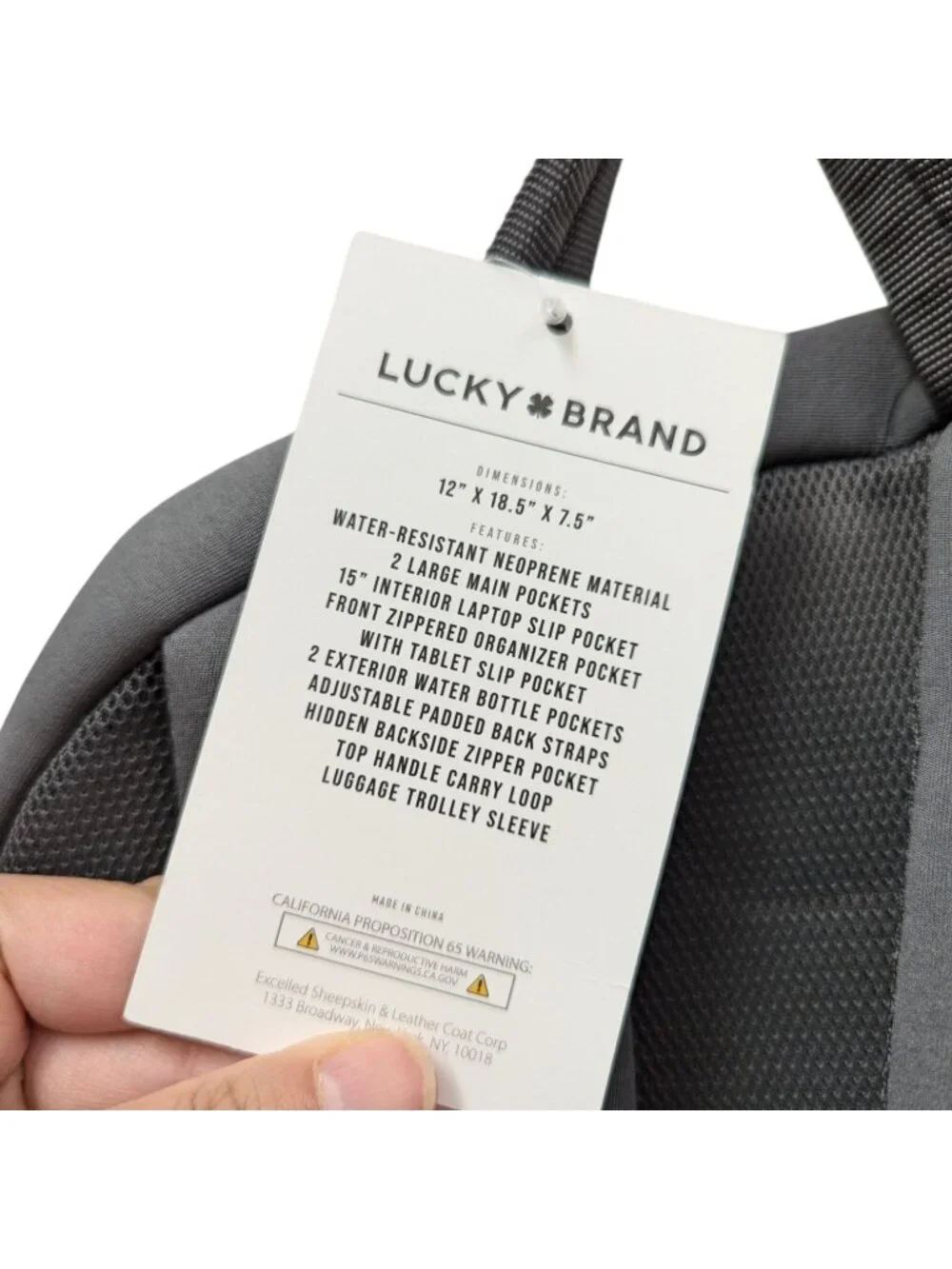 Large Lucky Brand Gray Grey Neoprene Laptop Backpack Travel Bag